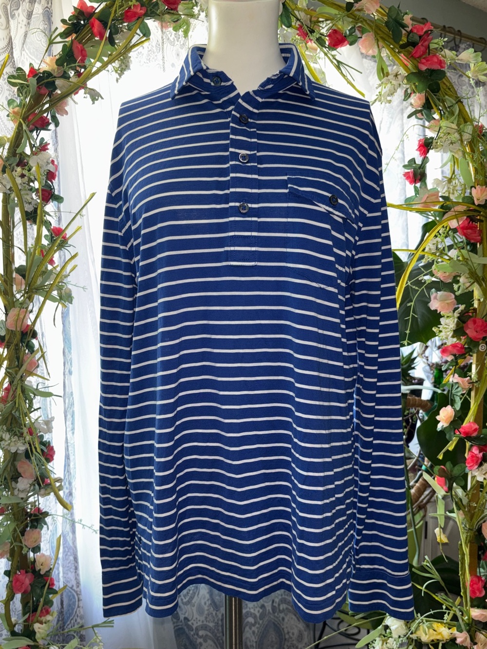 POLO Ralph Lauren Blue & White Striped Long Sleeve Polo Shirt Women’s Size M